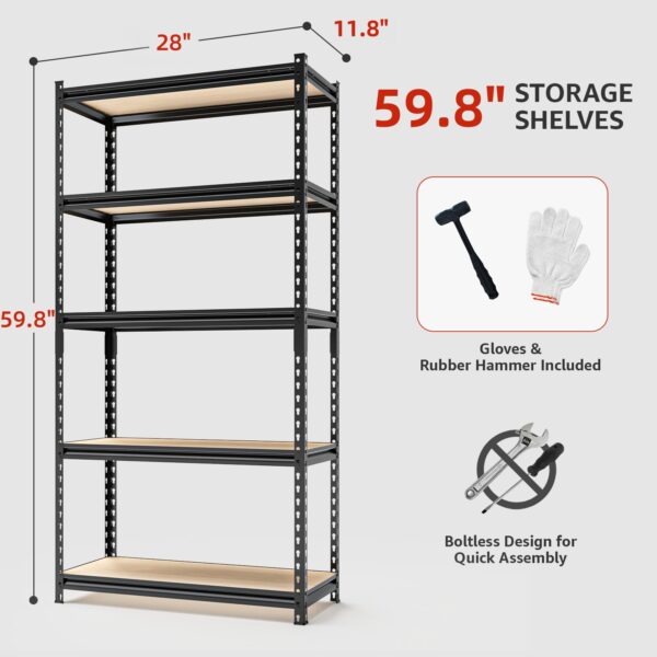 LI JIU HOME Storage Shelves Garage Shelving Heavy Duty 5 Tier Metal Shelving Units for Storage Adjustable Utility Shelf Rack for Kitchen Warehouse Basement 28" W x 11.8" D x 59.8" H, Black - Image 4